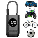 Mini compressor de ar portátil com medidor de pressão de pneus digital USB e bateria recarregável.