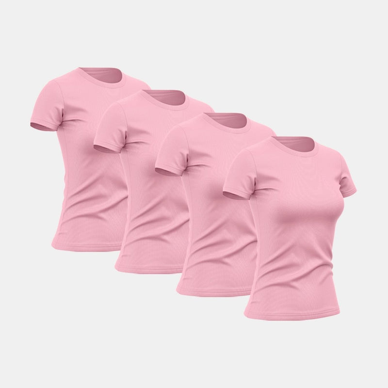 Kit com 4 camisetas femininas básicas lisas com proteção térmica contra o sol.