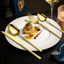 Conjunto de talheres de aço inoxidável com 24 peças: garfo, colher, faca e colher de sopa.