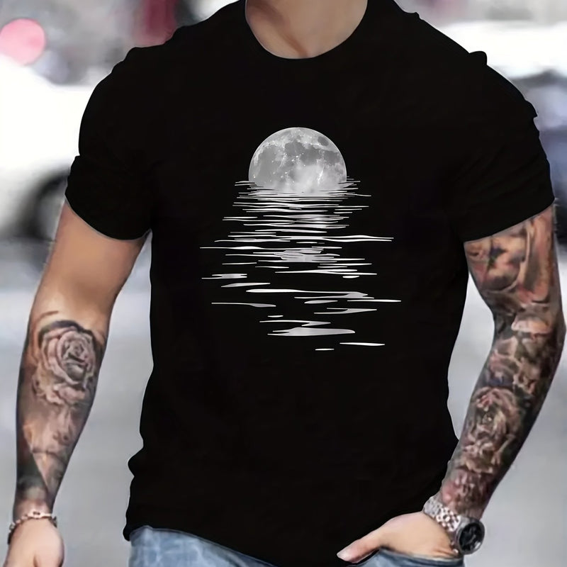Camiseta masculina estilosa com estampa criativa de lua, gola redonda, manga curta, design artístico com reflexo da lua.
