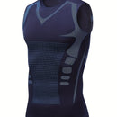 Camiseta regata esportiva masculina de compressão, ideal para basquete, treino e atividades físicas. Possui tecido elástico, ombros largos.