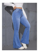 Calça jeans feminina premium de cintura alta e modelagem flare com elastano, confortável e estilosa.