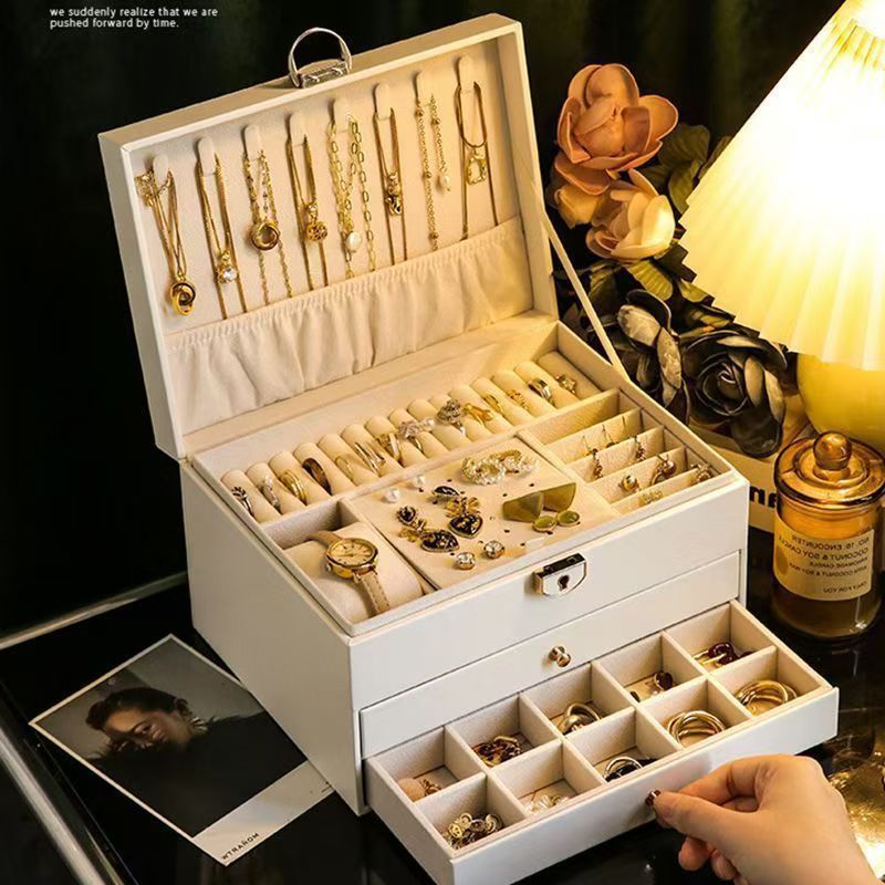 Caixa de joias de três níveis à prova de poeira com trava.