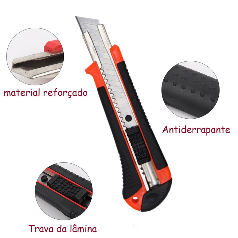 Kit Estilete + 3 Lâminas 18Mm Emborrachado Profissional Alta Durabilidade com Trava.