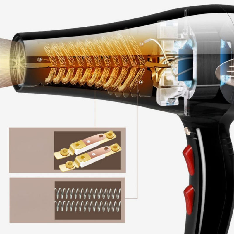 Secador de cabelo profissional 127V 220V 6000W com 2 pentes e 2 bicos, silencioso, íons negativos, proteção contra superaquecimento, alta potência.