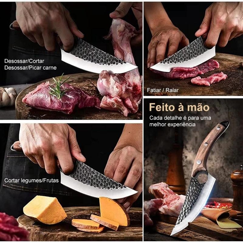 Faca de churrasco personalizada, feita à mão, em aço inoxidável afiado com bainha de couro genuíno.