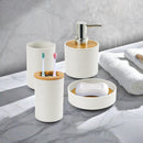 Conjunto de 4 peças para banheiro, feito de bambu e resina branca.