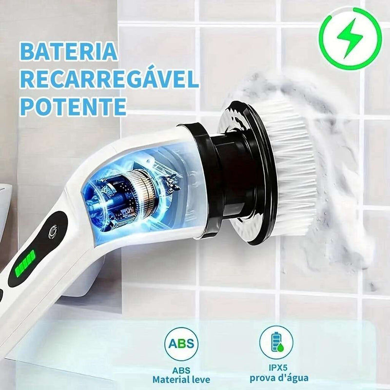 Escova de limpeza rotativa elétrica recarregável 9 em 1 com cabo extensível.