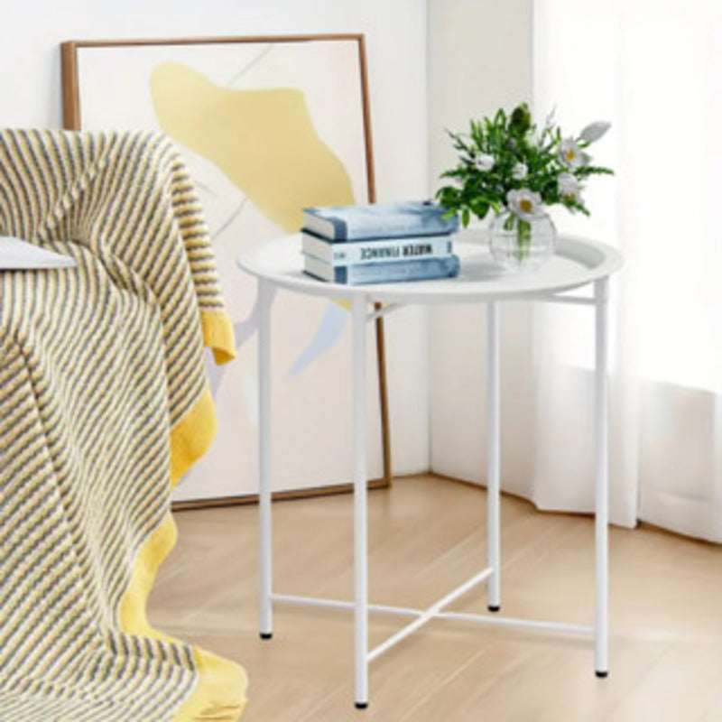 Mesa lateral redonda com bandeja removível, 47x47x50cm, pés de metal, suporte de canto para sala de estar.
