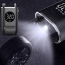 Mini compressor de ar portátil com medidor de pressão de pneus digital USB e bateria recarregável.