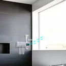 Suporte para escova de dentes elétrica com armazenamento integrado, sensor inteligente, esterilização, ventilação e drenagem eficiente.