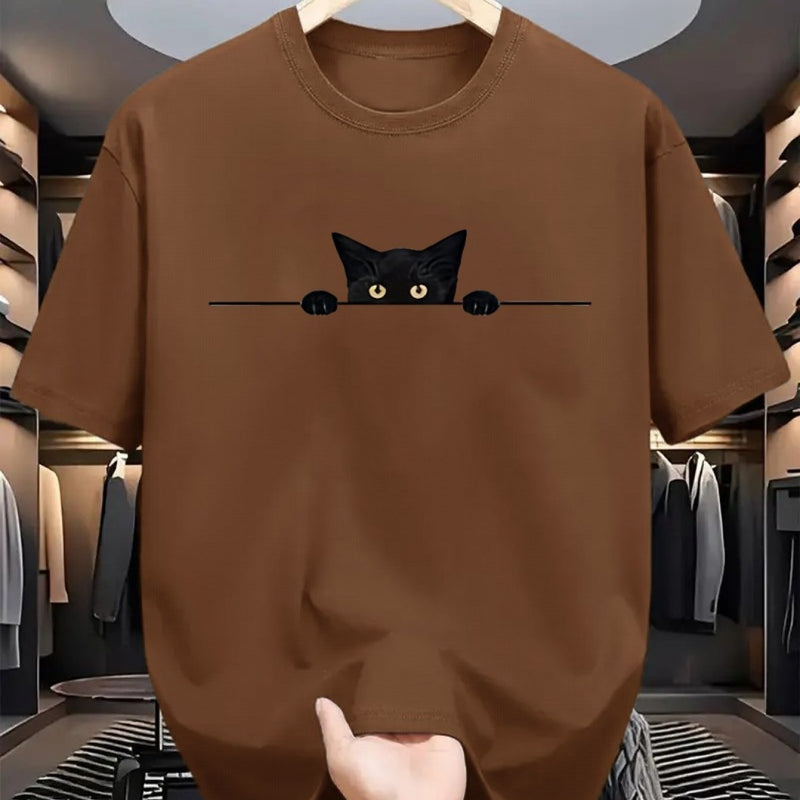 Camiseta masculina 100% algodão - Camiseta minimalista com estampa de gato olhando para a parede.