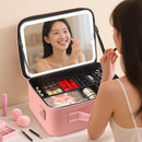 Estojo de maquiagem profissional com espelho, luz LED e organizador USB.