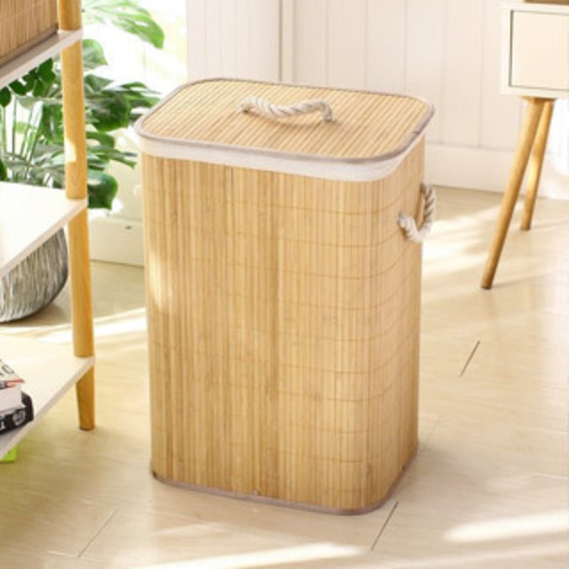 Cesto de roupa de bambu com tampa retangular para banheiro, bege.
