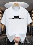 Camiseta masculina 100% algodão - Camiseta minimalista com estampa de gato olhando para a parede.
