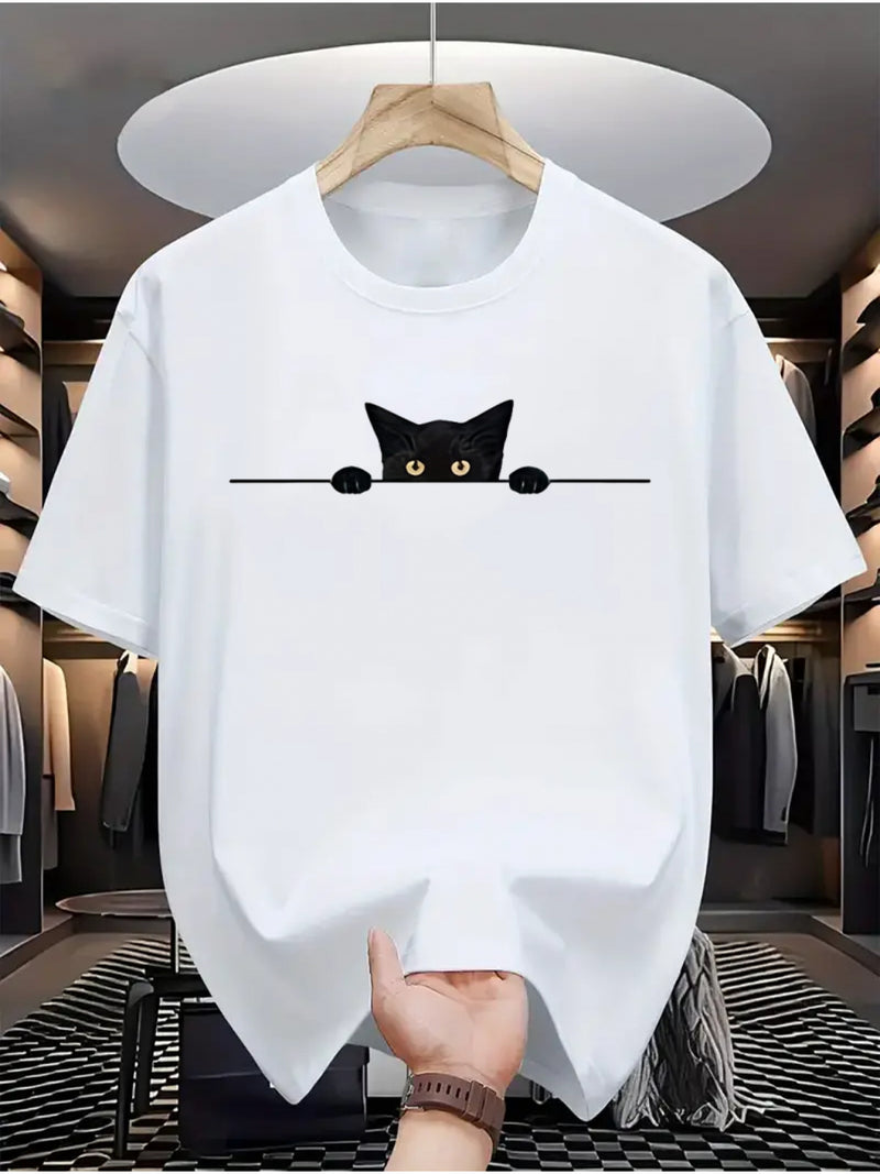 Camiseta masculina 100% algodão - Camiseta minimalista com estampa de gato olhando para a parede.