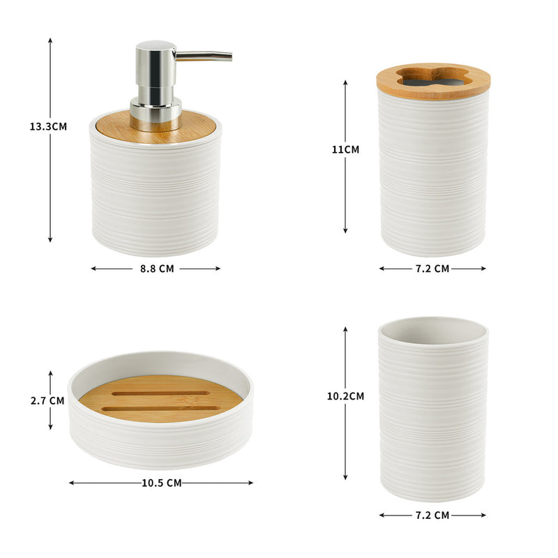 Conjunto de 4 peças para banheiro, feito de bambu e resina branca.
