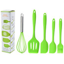 Conjunto de 5 utensílios de cozinha de silicone: escorredor, colher, espátula e pincel pequeno.