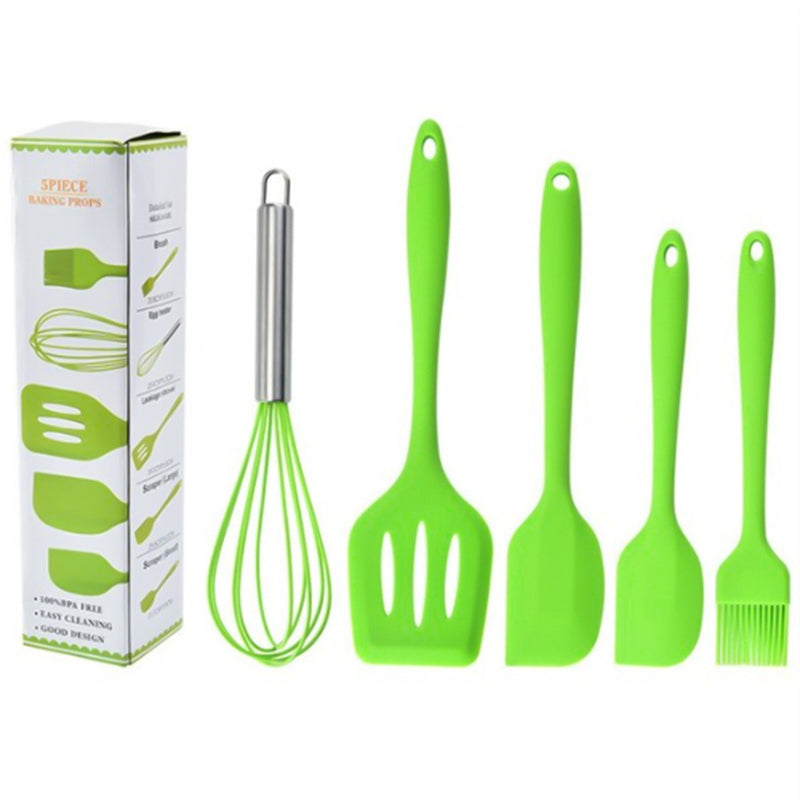 Conjunto de 5 utensílios de cozinha de silicone: escorredor, colher, espátula e pincel pequeno.