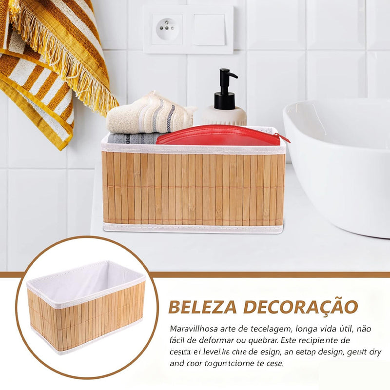 Conjunto de 3 cestos organizadores de bambu com forro para cozinha, banheiro, quarto e maquiagem.