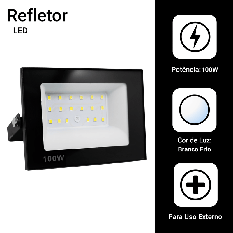 Kit com 3 Refletores LED de 100W, Holofote Bivolt, À Prova D'Água e Resistente ao Frio