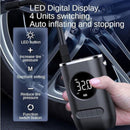 Mini compressor de ar portátil com medidor de pressão de pneus digital USB e bateria recarregável.