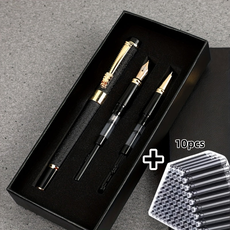 Conjunto de 3 canetas-tinteiro de luxo em metal com 10 tintas pretas.