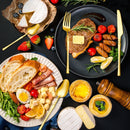 Conjunto de talheres de aço inoxidável com 24 peças: garfo, colher, faca e colher de sopa.