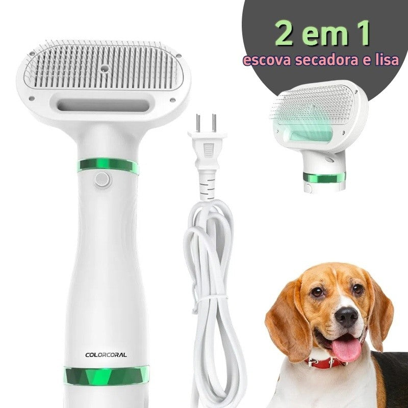 Escova secadora portátil 2 em 1 para pelos de animais de estimação – Seca e remove pelos de cães, coelhos e gatos (110V).