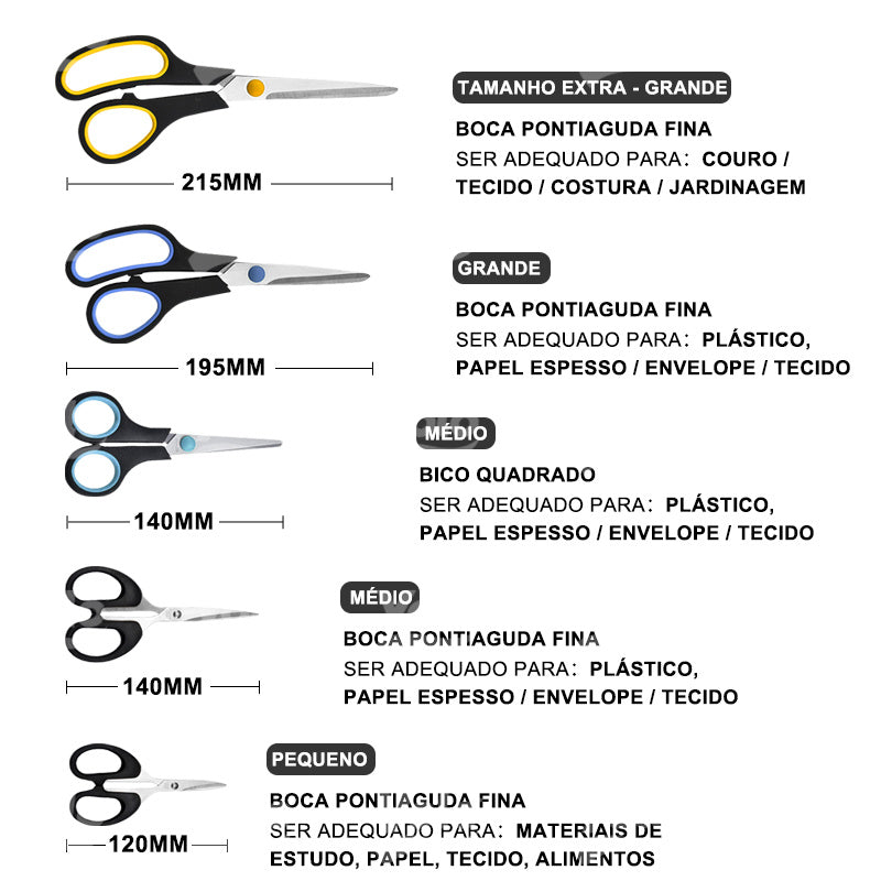 Conjunto de 5 Tesouras Multiuso em Aço Inoxidável de Alta Durabilidade, com Tamanhos Grande e Pequeno.