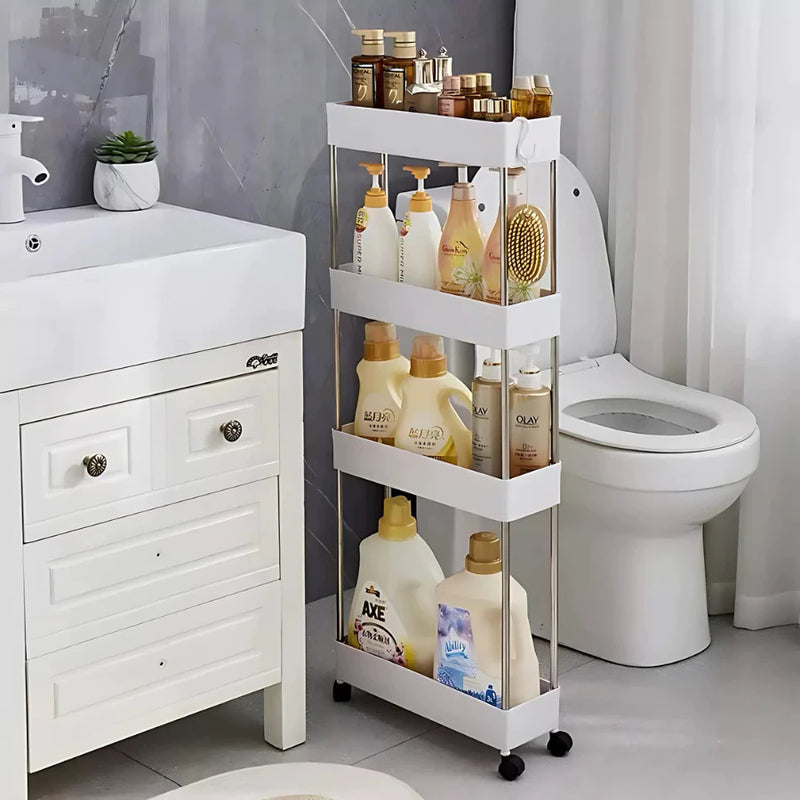 Prateleira organizadora multifuncional de 4 níveis com rodas.