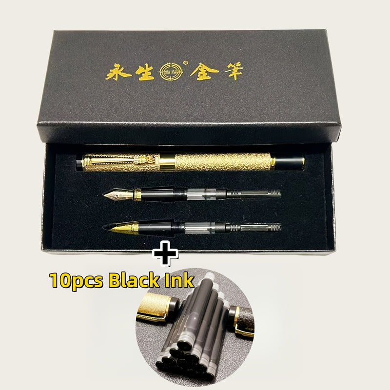 Conjunto de 3 canetas-tinteiro de luxo em metal com 10 tintas pretas.