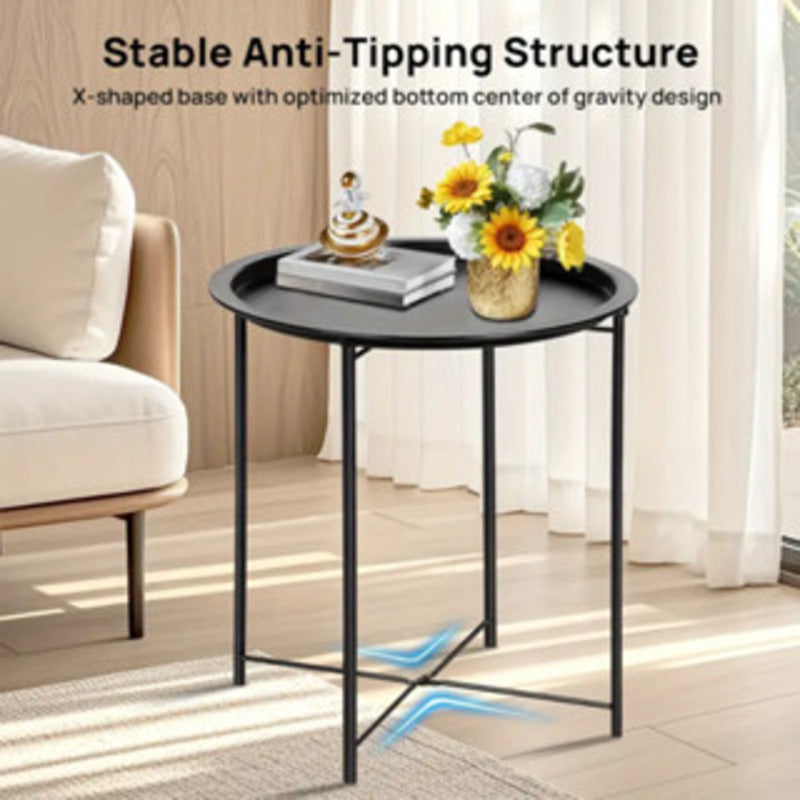 Mesa lateral redonda com bandeja removível, 47x47x50cm, pés de metal, suporte de canto para sala de estar.