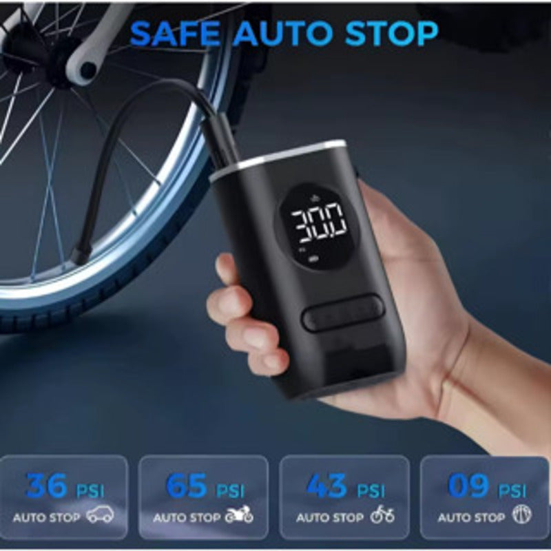 Mini compressor de ar portátil com medidor de pressão de pneus digital USB e bateria recarregável.