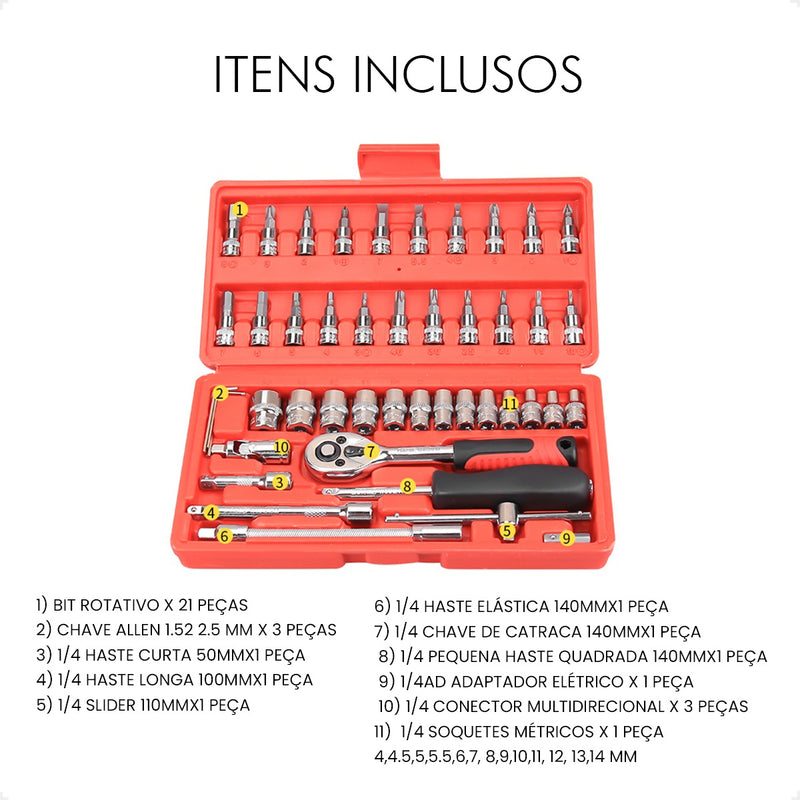 Kit de ferramentas com 46 peças.