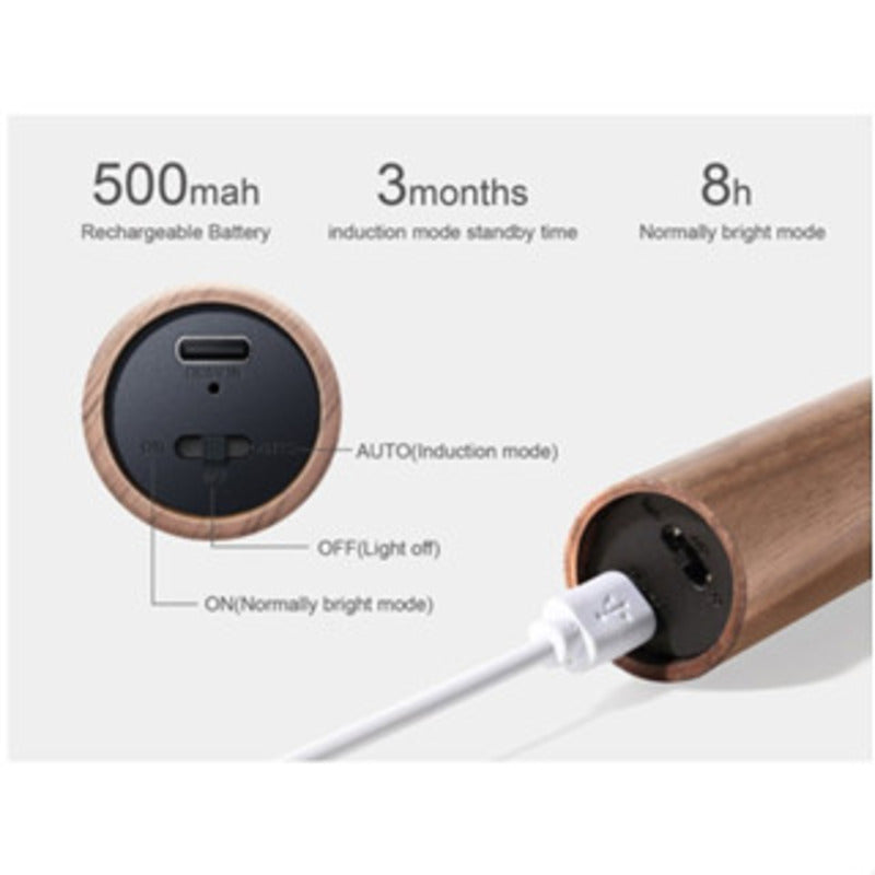 Luminária de parede minimalista de madeira com sensor de movimento LED recarregável