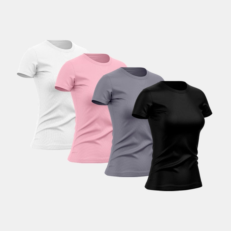 Kit com 4 camisetas femininas básicas lisas com proteção térmica contra o sol.