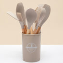 Conjunto de utensílios de cozinha brasileiro em silicone e madeira (12 peças) - Jogo completo com suporte, livre de BPA, antiaderente e resistente ao calor.