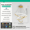 Lustre LED moderno e luxuoso com três anéis, acabamento dourado, semi-embutido, luz brilhante e aconchegante, com interruptor, 110V e 220V