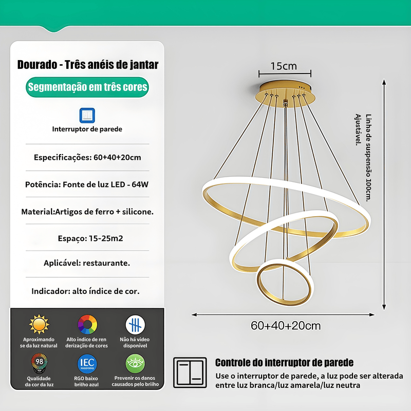 Lustre LED moderno e luxuoso com três anéis, acabamento dourado, semi-embutido, luz brilhante e aconchegante, com interruptor, 110V e 220V