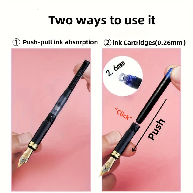 Conjunto de 3 canetas-tinteiro de luxo em metal com 10 tintas pretas.