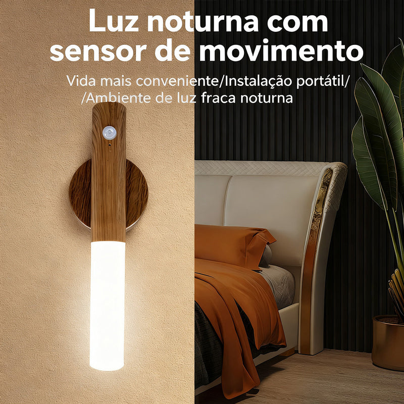 Conjunto de 2 Luminárias Noturnas de Parede Sem Fio com Sensor de Movimento e Adesivo Magnético, Recarregáveis via USB, com Design em Madeira.