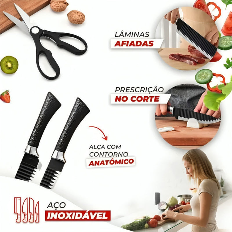 Conjunto de 6 peças para churrasco: faca para carne e legumes, descascador e tesoura profissional.