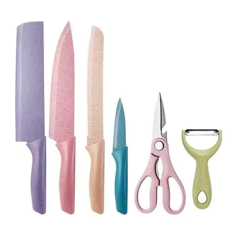 Conjunto de 6 peças para churrasco: faca para carne e legumes, descascador e tesoura profissional.