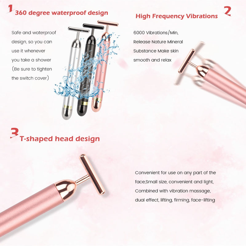 Rolo de Lifting Facial Dourado, Ferramenta Vibratória em Formato de T para massagem e cuidados com a pele do rosto.