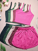 Kit 5 Conjunto Básico de Top Cropped com Regata de Alças Finas + Shorts de Malha Canelada em 5 Cores.
