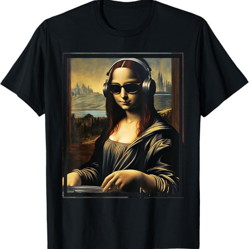 Camiseta masculina com estampa divertida da Mona Lisa.