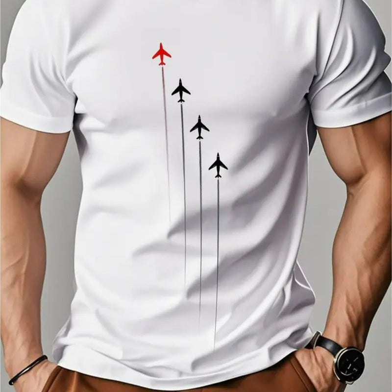 Camiseta masculina 100% algodão - Camiseta minimalista com estampa de avião e gola redonda.