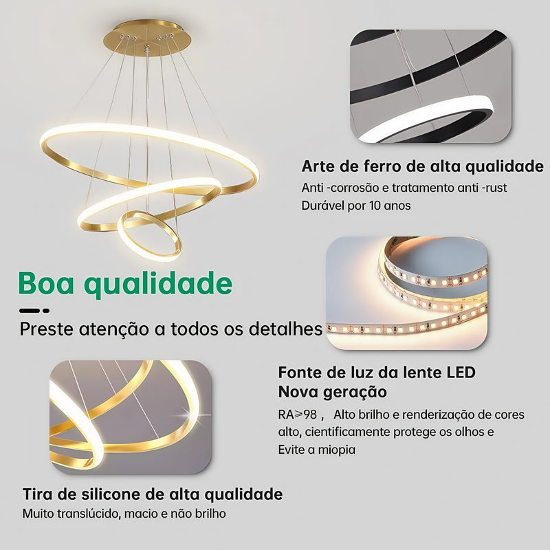 Lustre LED moderno e luxuoso com três anéis, acabamento dourado, semi-embutido, luz brilhante e aconchegante, com interruptor, 110V e 220V