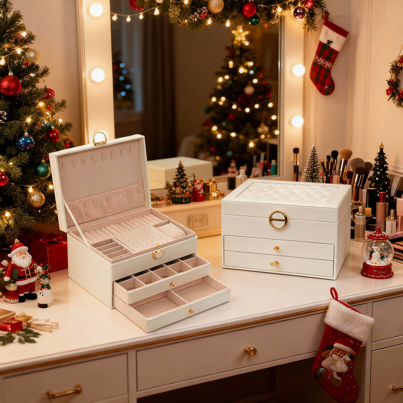 Caixa de joias de três níveis à prova de poeira com trava.